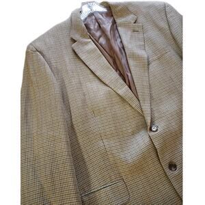 CHAPS 100% Silk Houndstooth Blazer Sz 48L Tan Blue Sport Coat 2 Button Academia